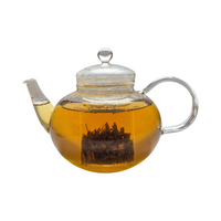 Teekanne aus Glas mit flüssigem Pfefferminze Kräutertee und losem Kräutertee