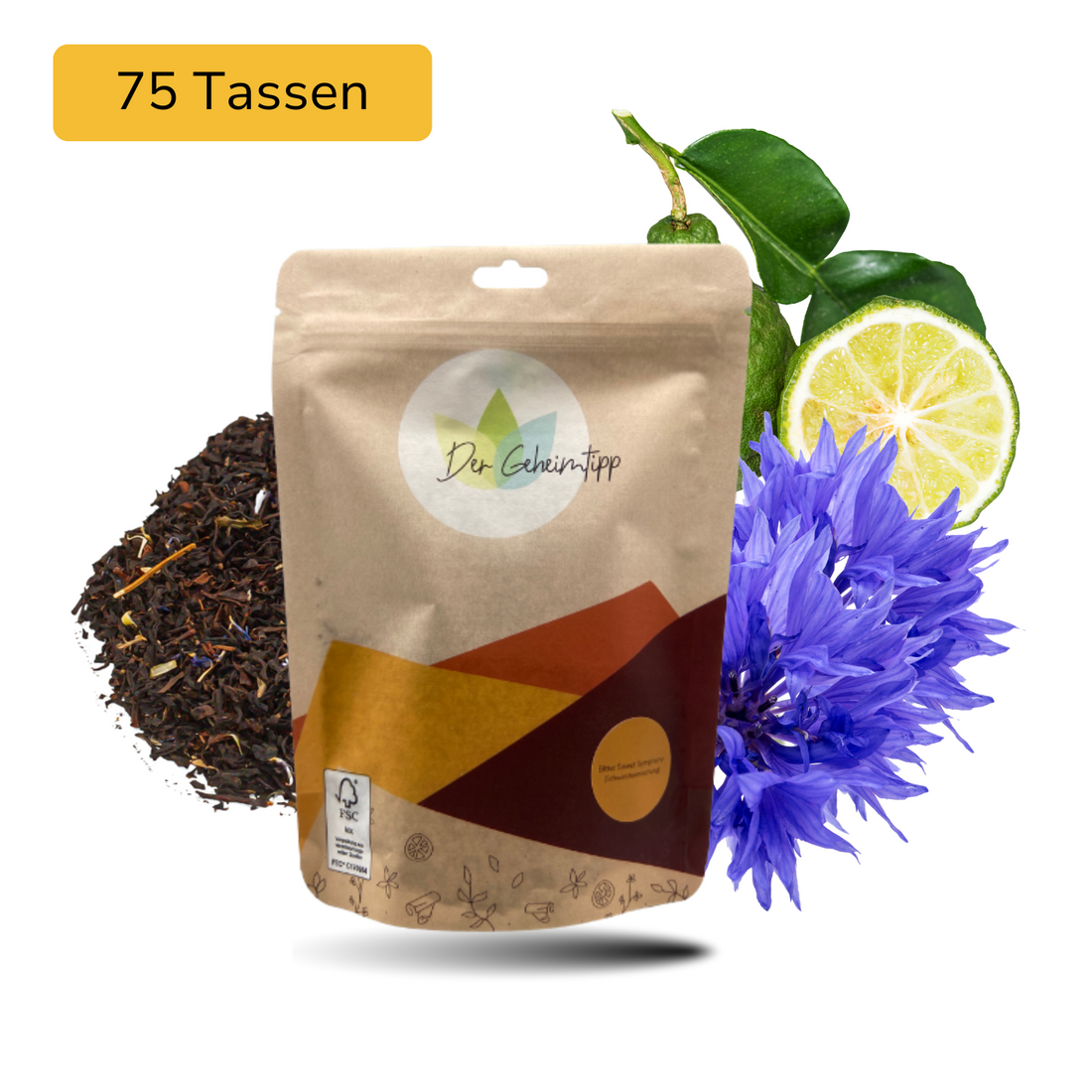 Der Geheimtipp Bitter Sweet Symphony Tee Verpackung aus Papier mit losem Bergamotte Schwarztee im Hintergrund