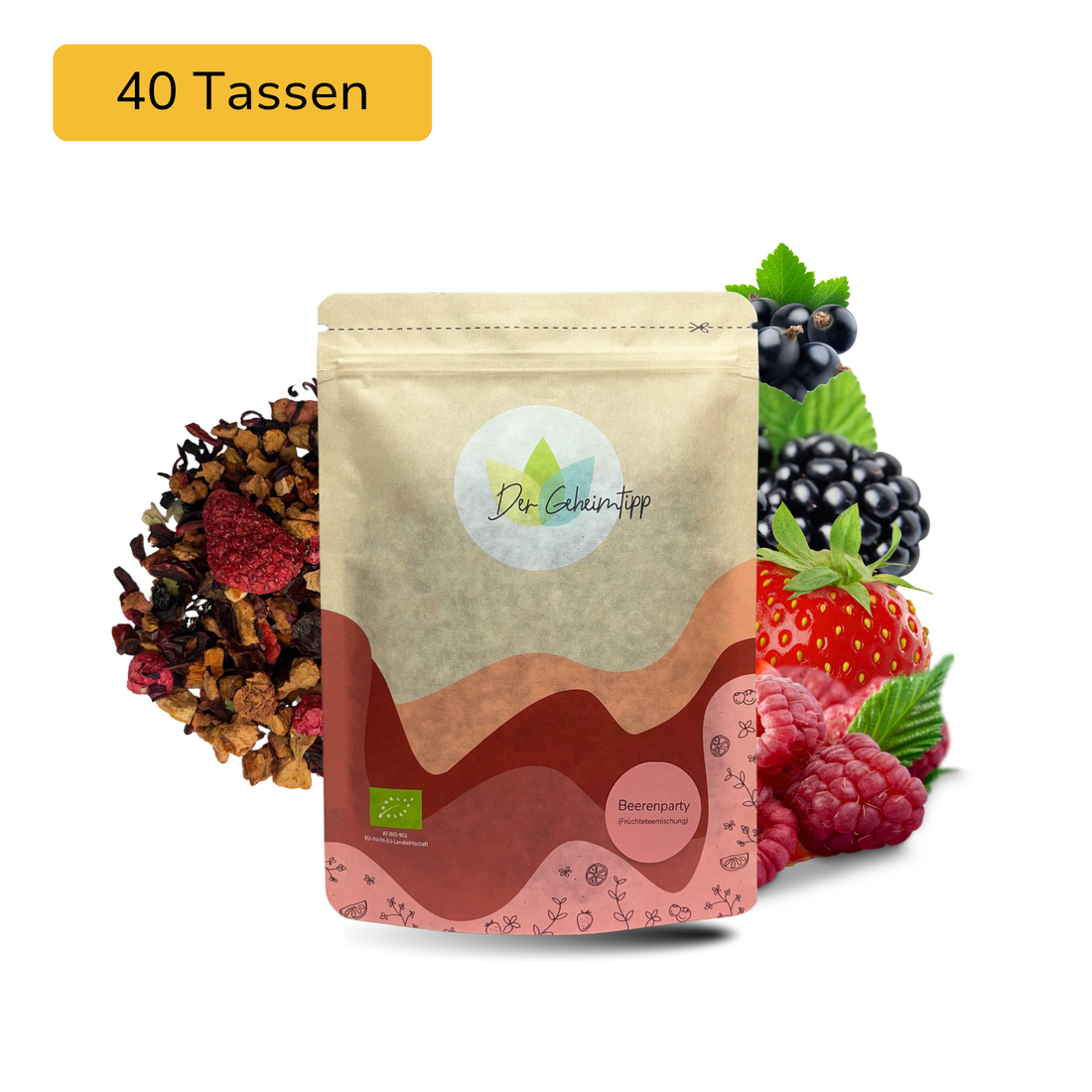 Der Geheimtipp Beerenparty Tee Verpackung aus Papier mit losem Johannisbeere Himbeere Erdbeere Beeren Früchtetee im Hintergrund
