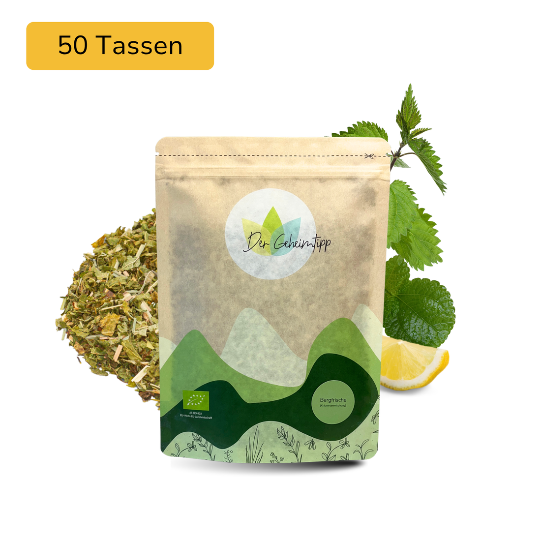 Der Geheimtipp Bergfrische Tee Verpackung aus Papier mit losem Minze Melisse Zitrone Kräutertee im Hintergrund