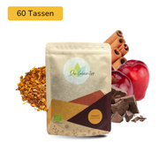 Der Geheimtipp Bratapfel Tee Verpackung aus Papier mit losem Apfel Kakao Zimt Rooibos Tee im Hintergrund