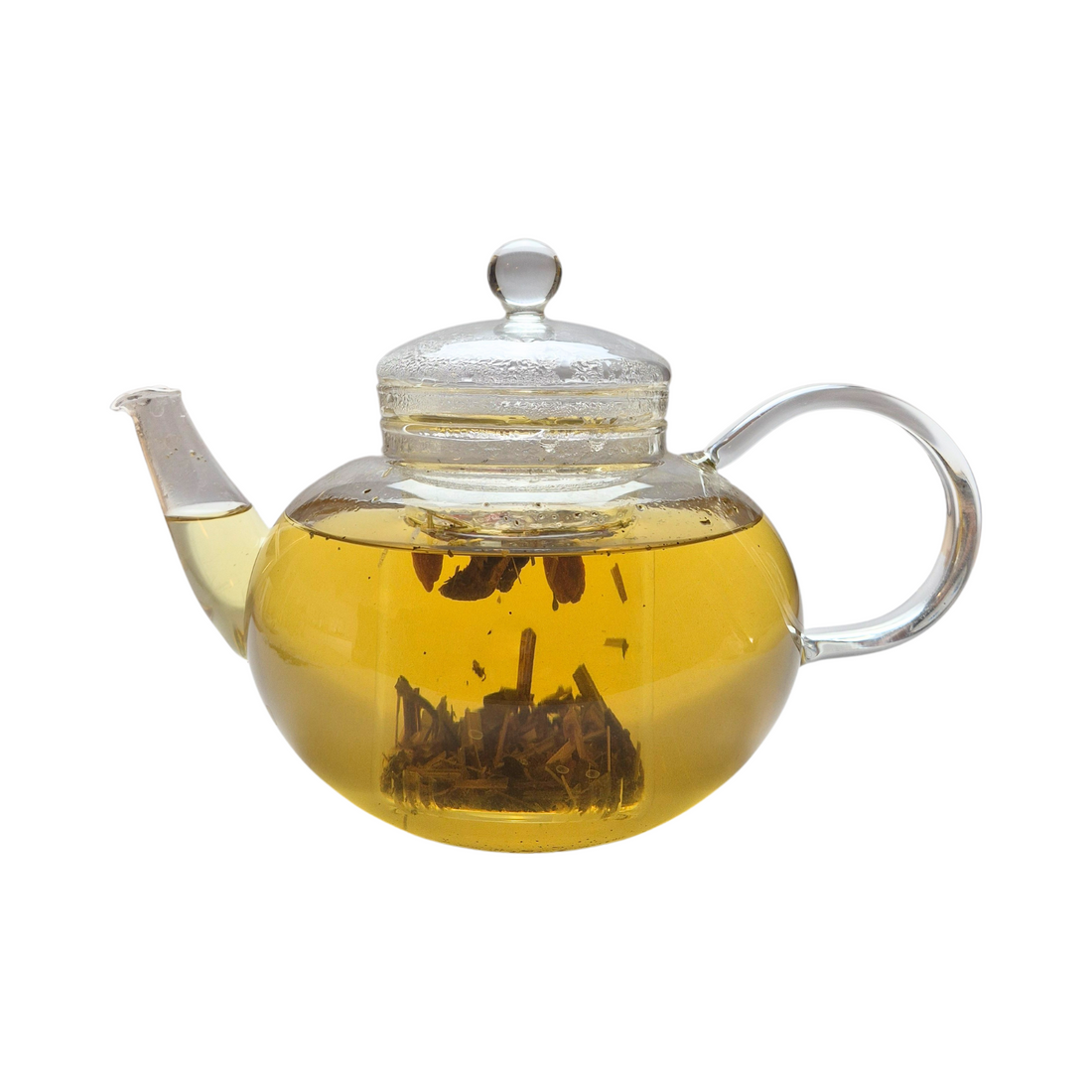Teekanne aus Glas mit flüssigem Zitronengras Minze Gojibeere Kräutertee und losem Kräutertee
