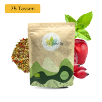 Der Geheimtipp Gute Besserung Tee Verpackung aus Papier mit losem Hagebutte Rosmarin Salbei Kräutertee im Hintergrund