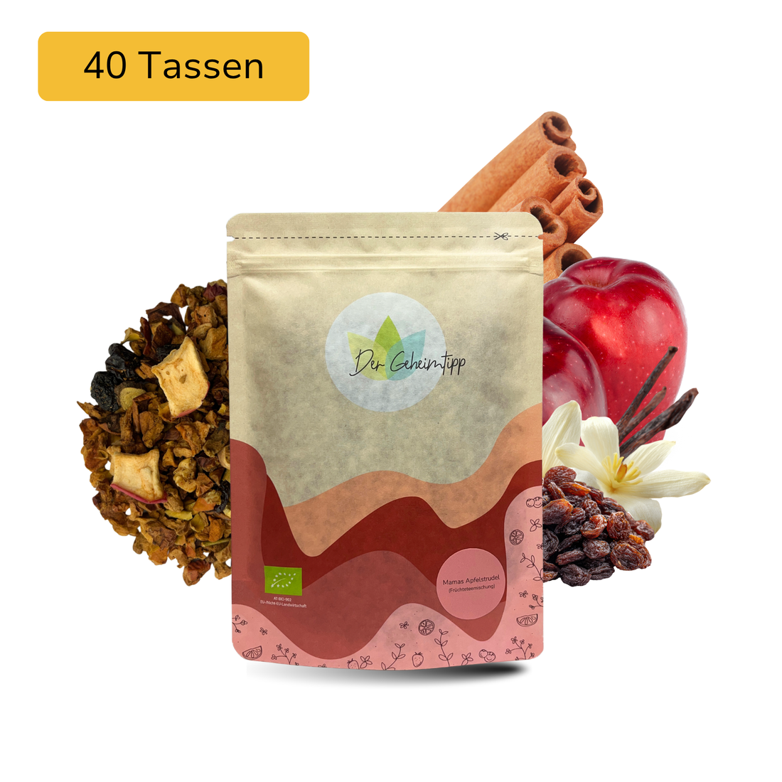 Der Geheimtipp Mamas Apfelstrudel Tee Verpackung aus Papier mit losem JApfel Vanille Zimt Früchtetee im Hintergrund