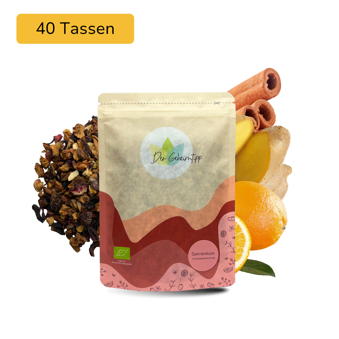 Der Geheimtipp Sonnenkuss Tee Verpackung aus Papier mit losem Orange Ingwer Zimt Früchtetee im Hintergrund